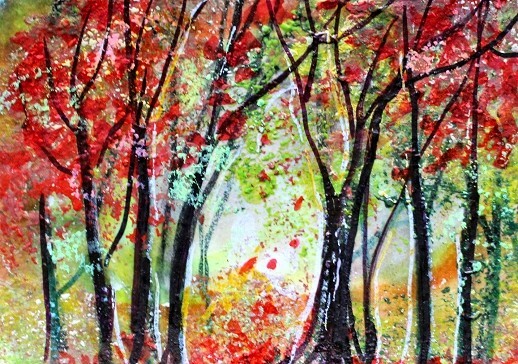 ACEO Original Painting TREE Autumn Landscape Sun FALL Leaves Nature ATC ART