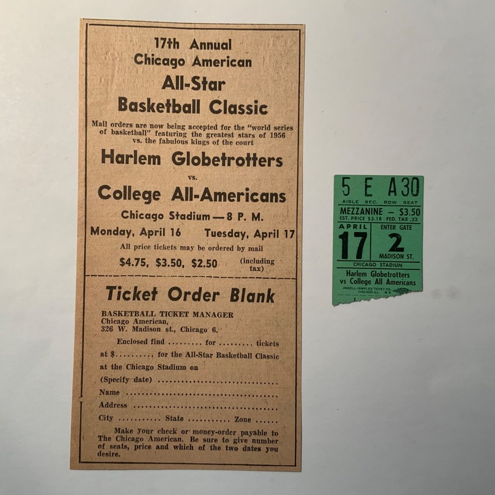 1956 Harlem Globetrotters v. College All-Americans ticket stub + newspaper ad/EX
