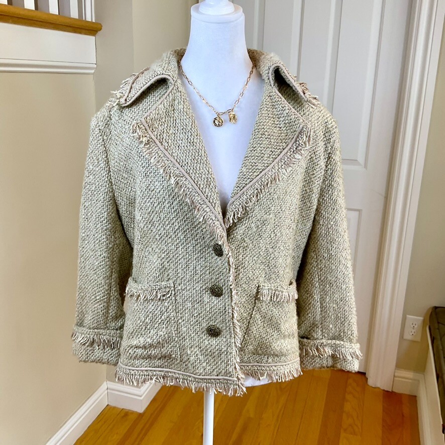 New York & Co Beige Gold Tweed Y2K Single-Breasted Fringe Blazer Jacket Size 16