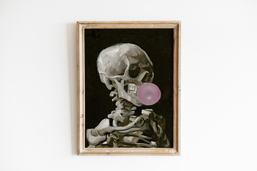Vintage Halloween Home Decor Skeleton Oil Painting Print Moody Wall Art Dark