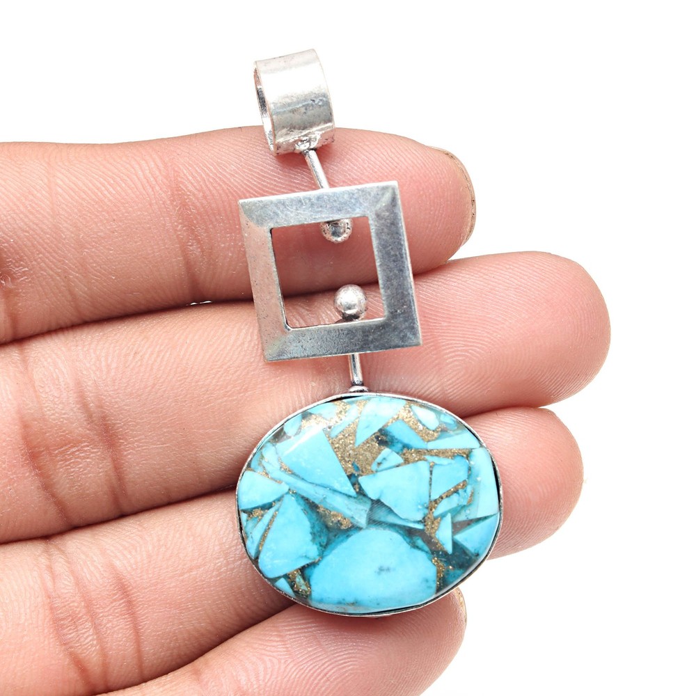 Turquoise Blue Copper Pendant Silver Jewelry Valentine Gift 2 Inch