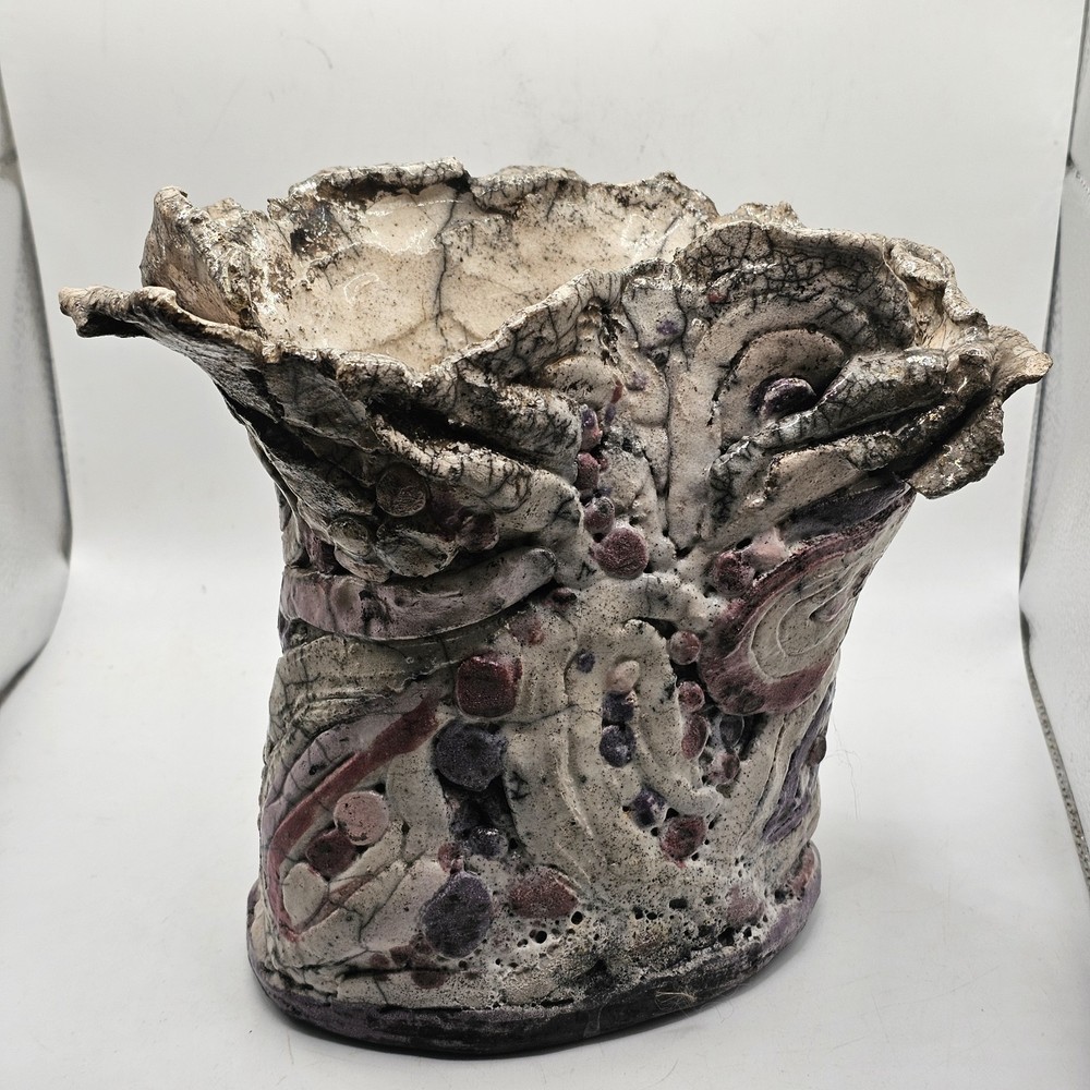 Studio Art Pottery Vase Black Clay Signed Farrell Vomit Abstract