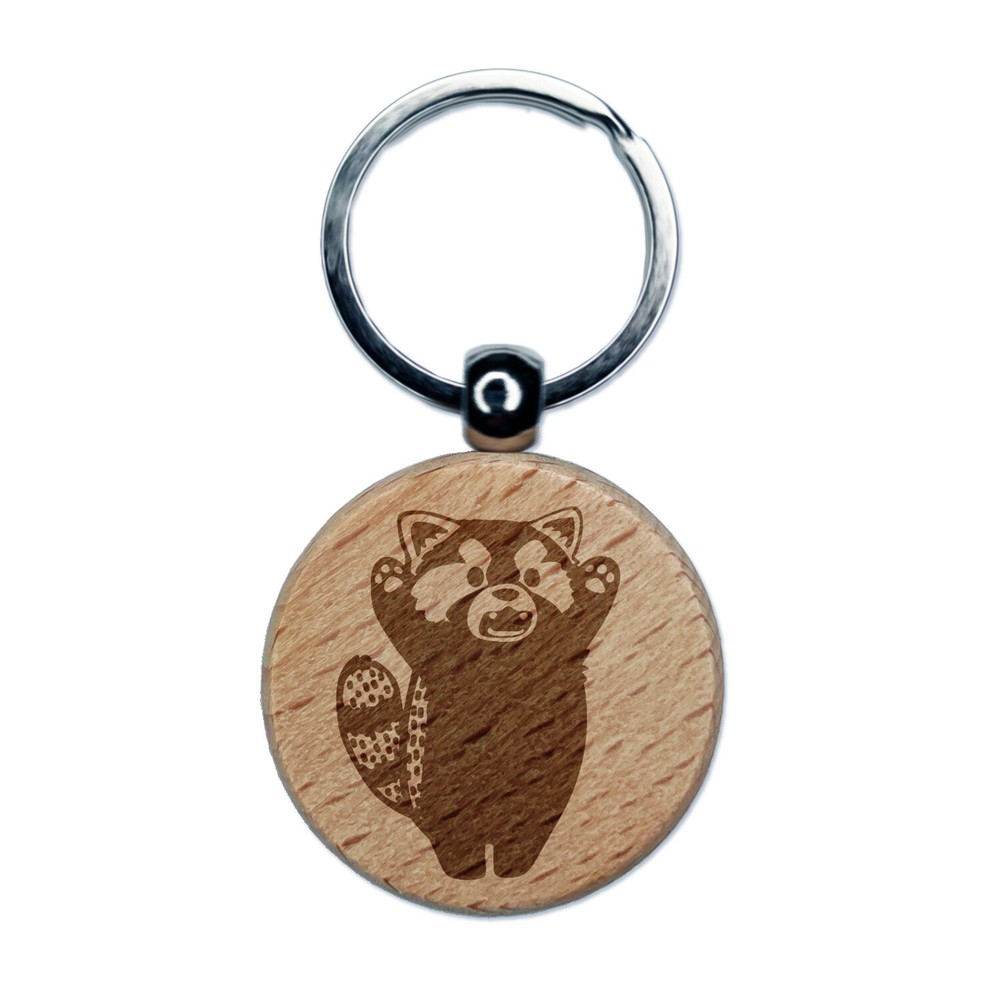 Surprised Red Panda Standing Engraved Wood Round Keychain Tag Charm