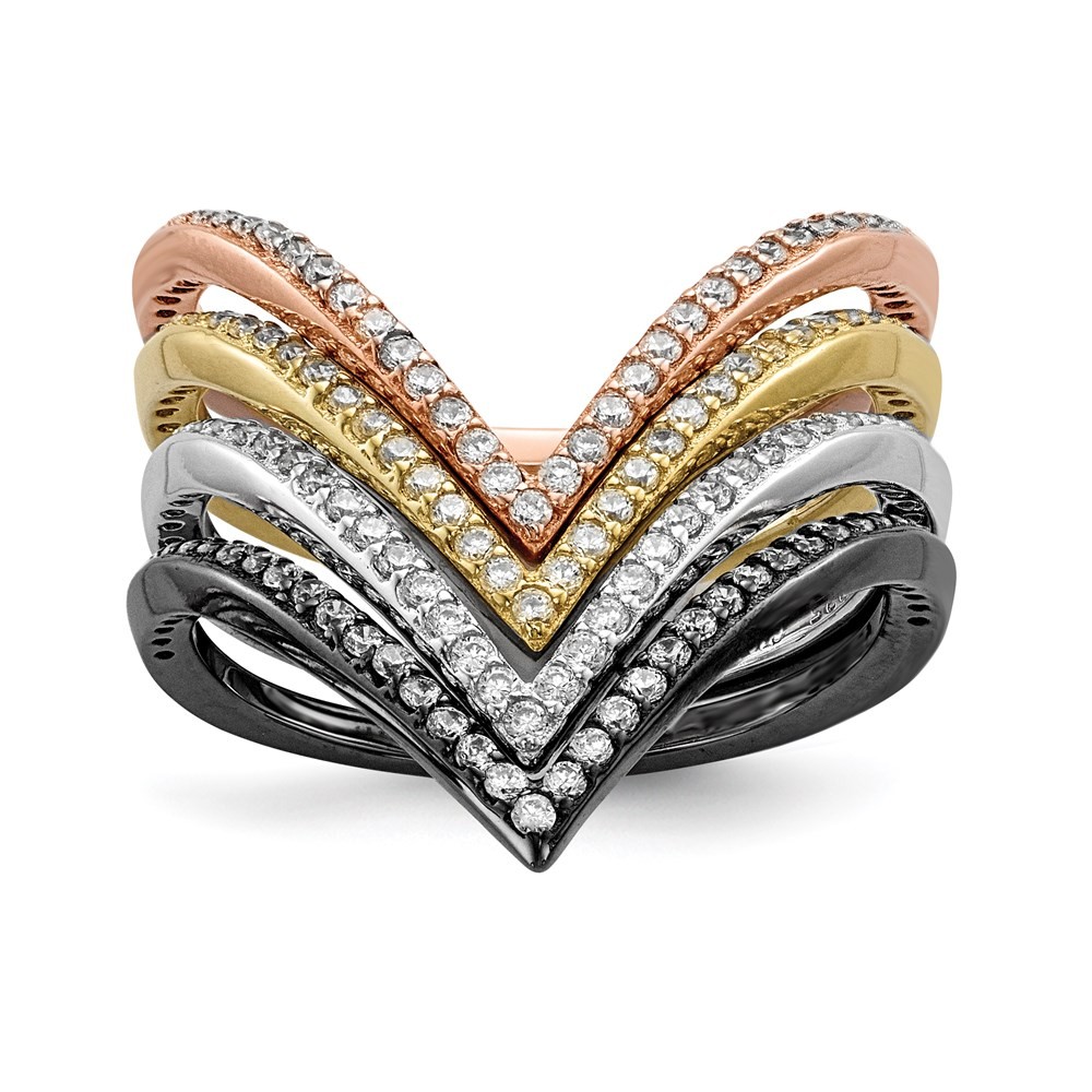 Sterling Silver & Black-plate, Gold & Rose-tone Cubic Zirconia 4 Ring Set Size 8