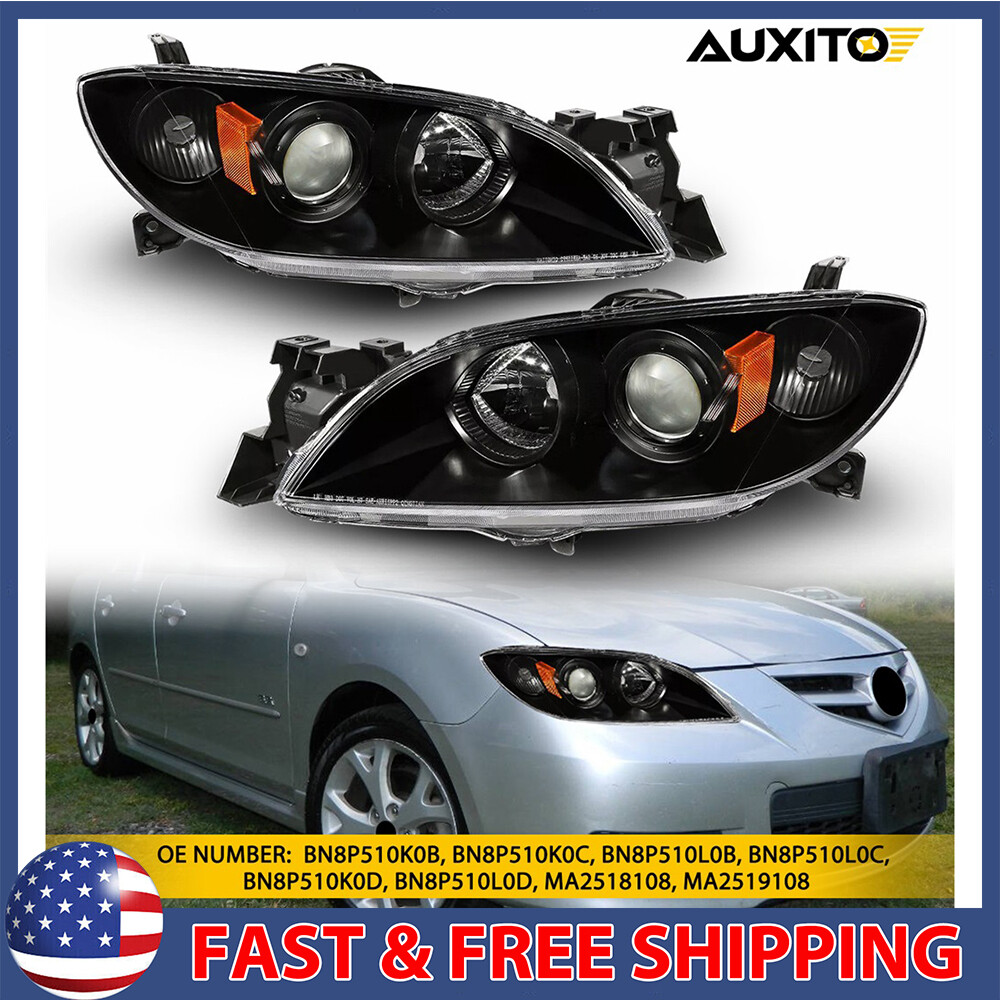 Black Housing Projector Headlight for 04-09 Mazda 3 Sedan with Amber Corner