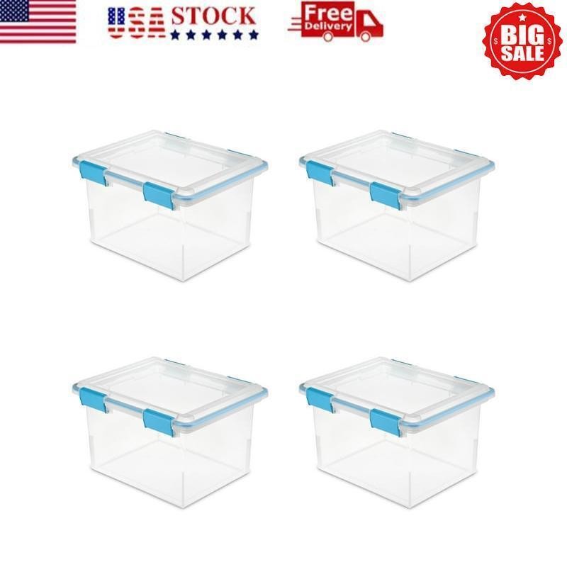 32 Qt Clear Plastic Storage Box with Blue Lid 4-Pack for Aquarium or Organizing