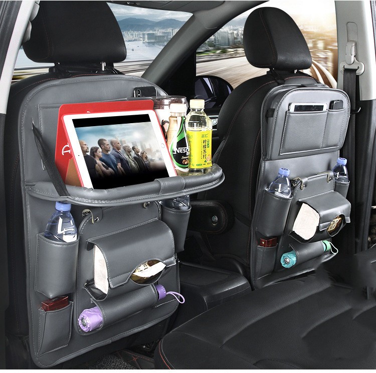 Leather Car Seat Back Organizer with Storage Tray and Pockets