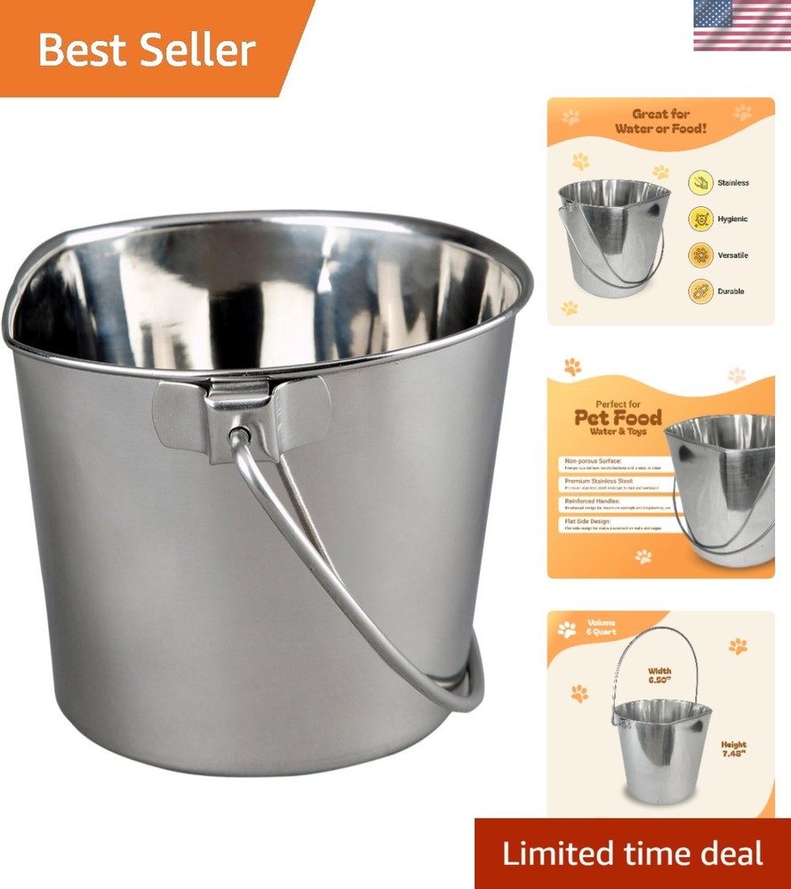 Durable 6 Quart Stainless Steel Flat Side Pet Pail - Rust Resistant & Easy Clean