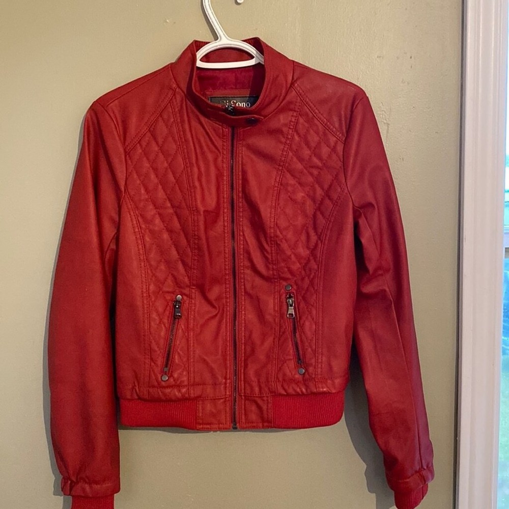 Ci Sono by Cavalini Red Faux Leather Moto Jacket Women’s Size Medium Quilted