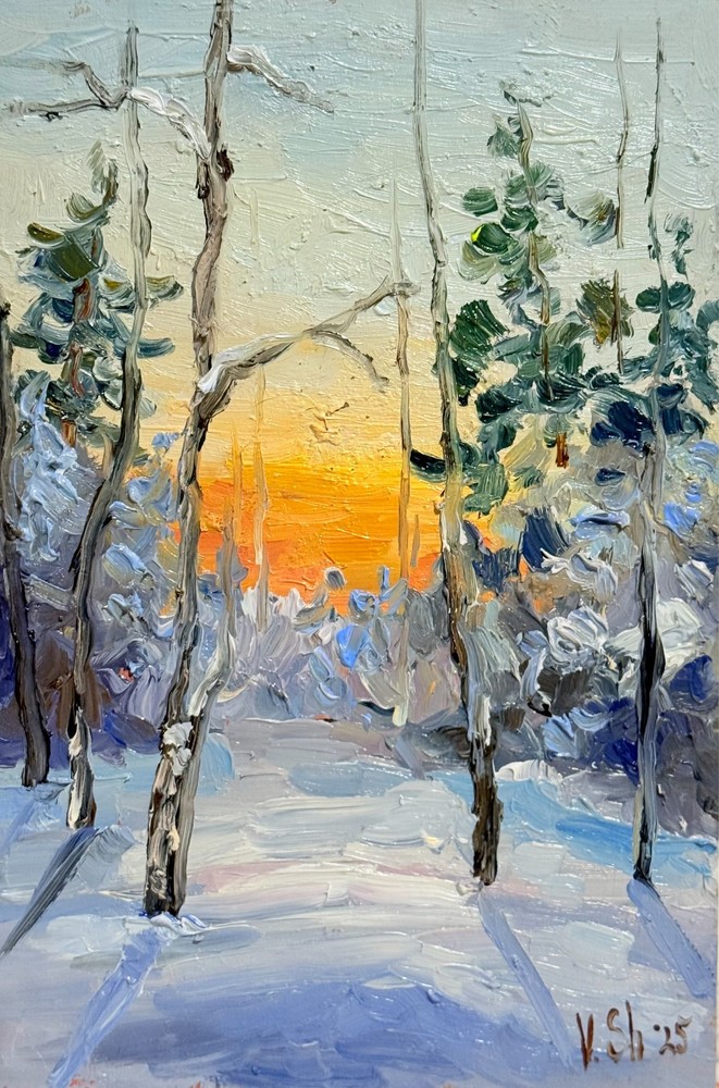 Original Oil Painting Winter Sunset Landscape Forest Impressionism Art Signed