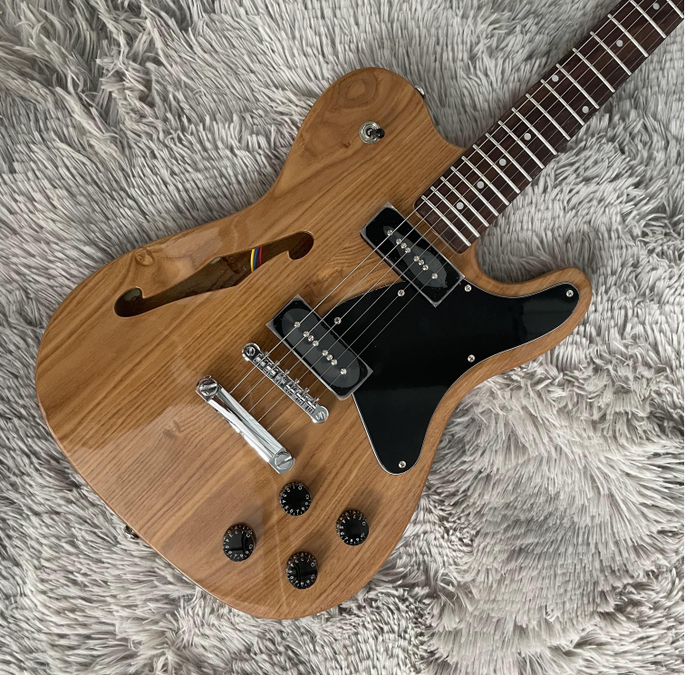 Semi Hollow Electric Guitar with P90 Pickups Brown Finish Rosewood Fretboard