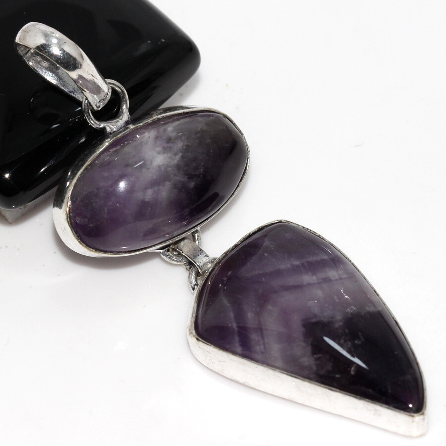 Banded Amethyst 925 Silver Plated Long Gemstone Handmade Pendant 2.7