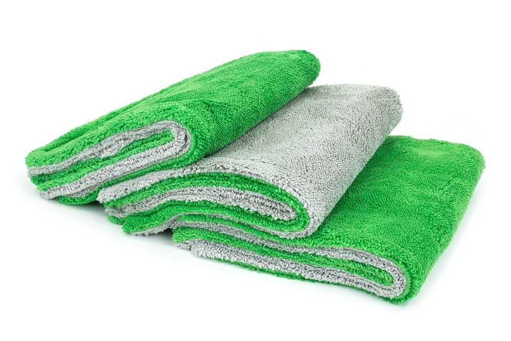Royal Plush Double Pile Microfiber Detailing Towels - 3 Pack, Green & Gray