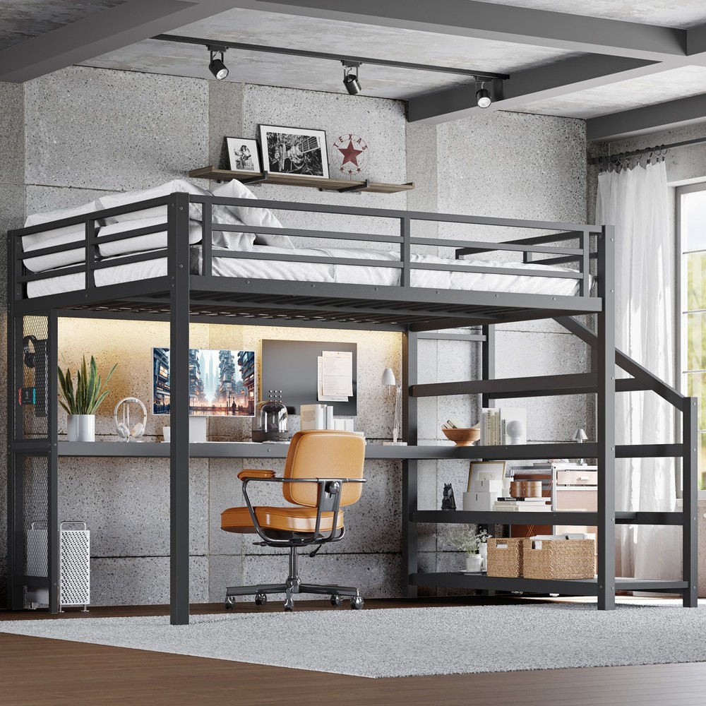 Queen Loft Bed with Desk and Storage Stairs, Metal Loft Beds with LED Lights