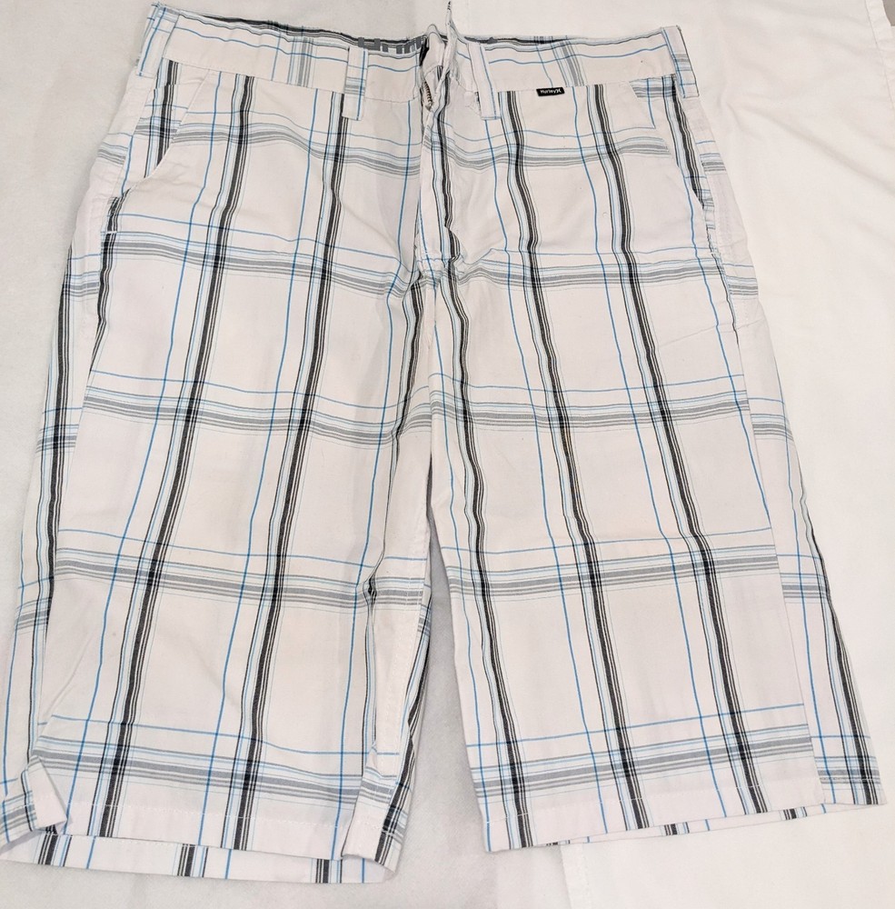 Hurley Boys Plaid Chino Shorts White Blue Black Size 18 Cotton Pockets