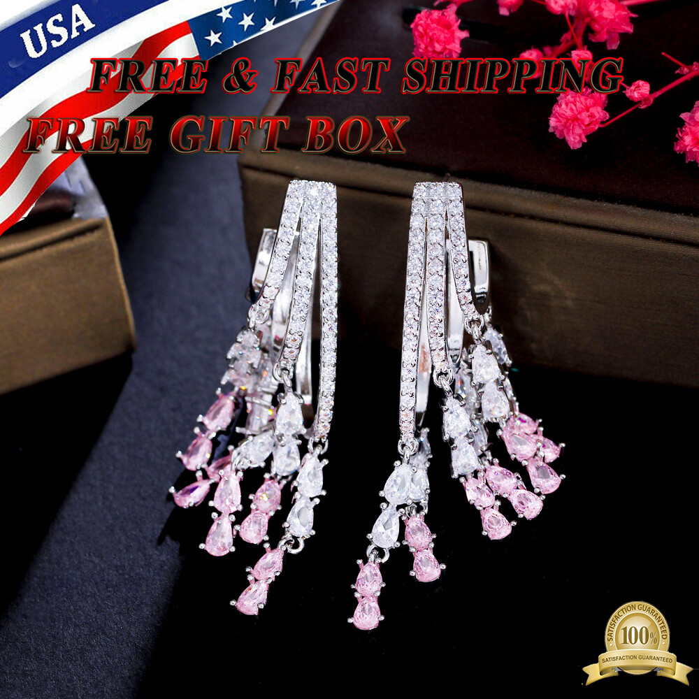 Silver Plated Pink CZ Long Dangle Tassel Drop Earrings Cubic Zirconia for Brides
