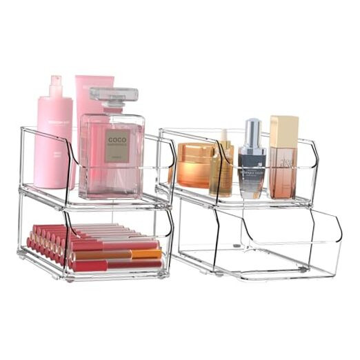4 Pack Clear Stackable Storage Drawers,Bathroom Makeup Organizer for