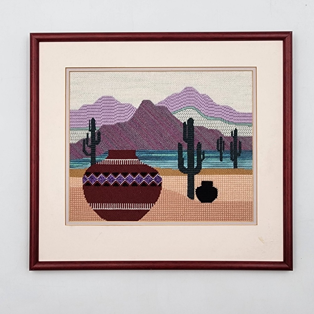 Southwestern Needlepoint Art Framed Desert Landscape Cactus Pottery Vintage BOHO