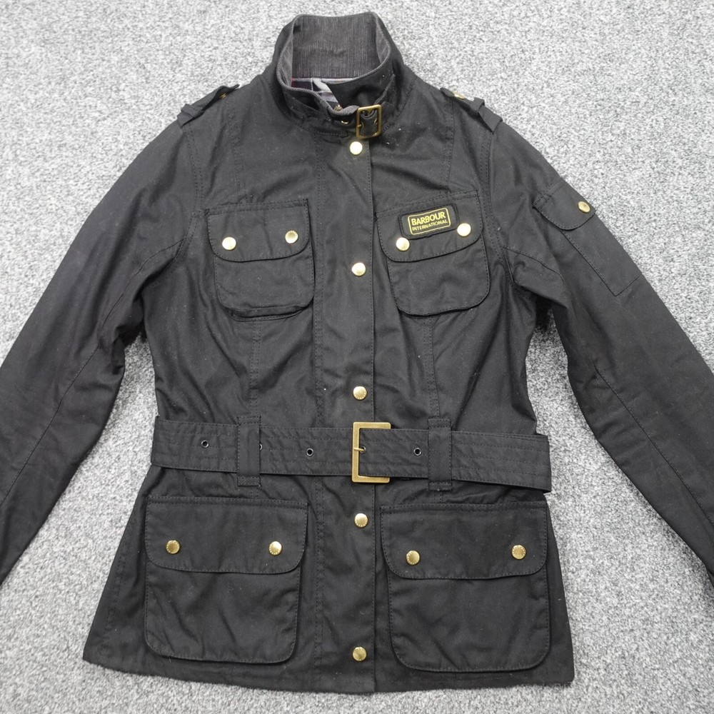 Barbour International Wax Jacket Womens Size 10 Black Four Pockets Belt
