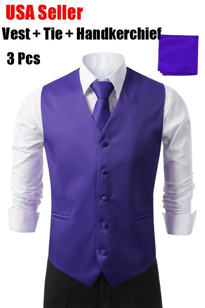 Purple Men's Formal Casual Dress Vest Tie Slim Suit Tuxedo Waistcoat Coat SET