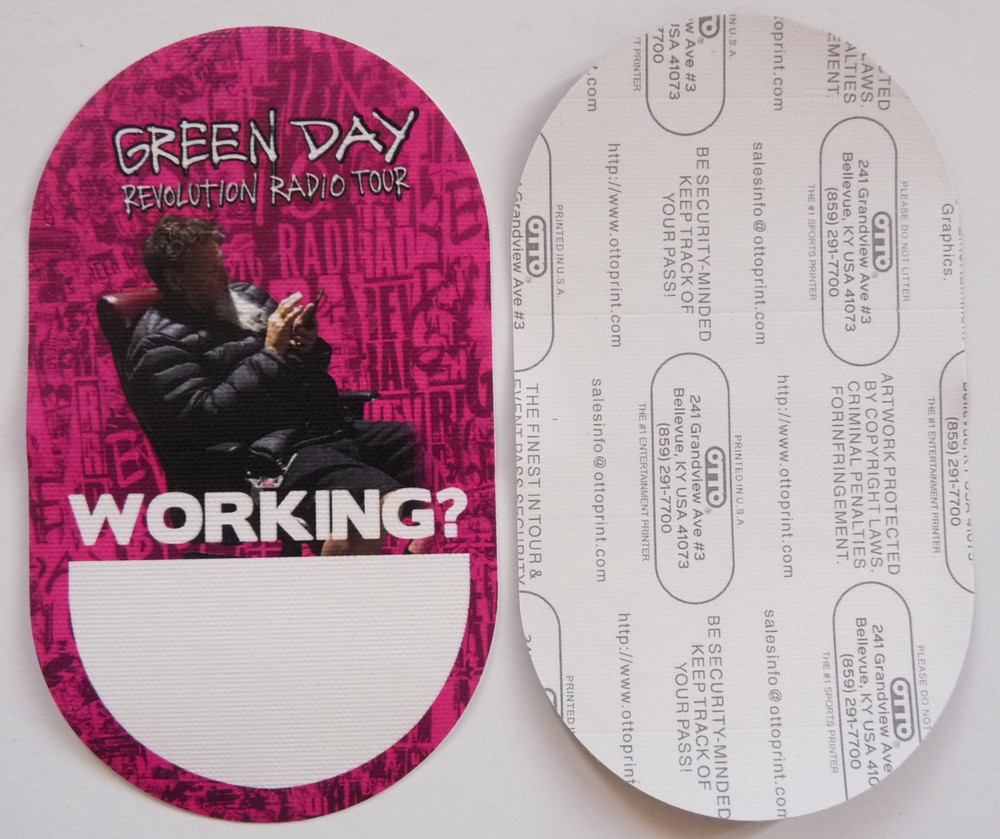 Green Day Revolution Radio Tour Concert Pink Working Backstage Pass D4