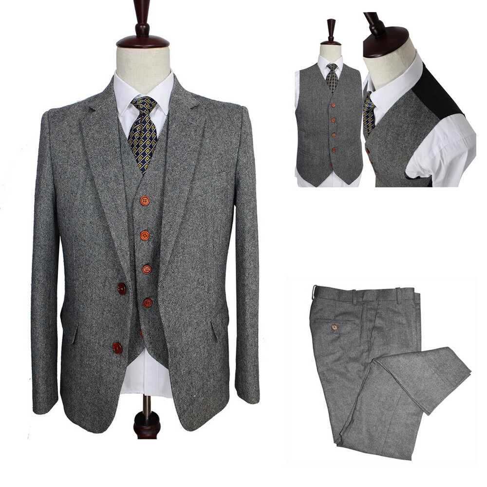 Gray Men Tweed Suit Vintage Business  Prom Groom Tuxedo Wedding Suit 34R/XXS