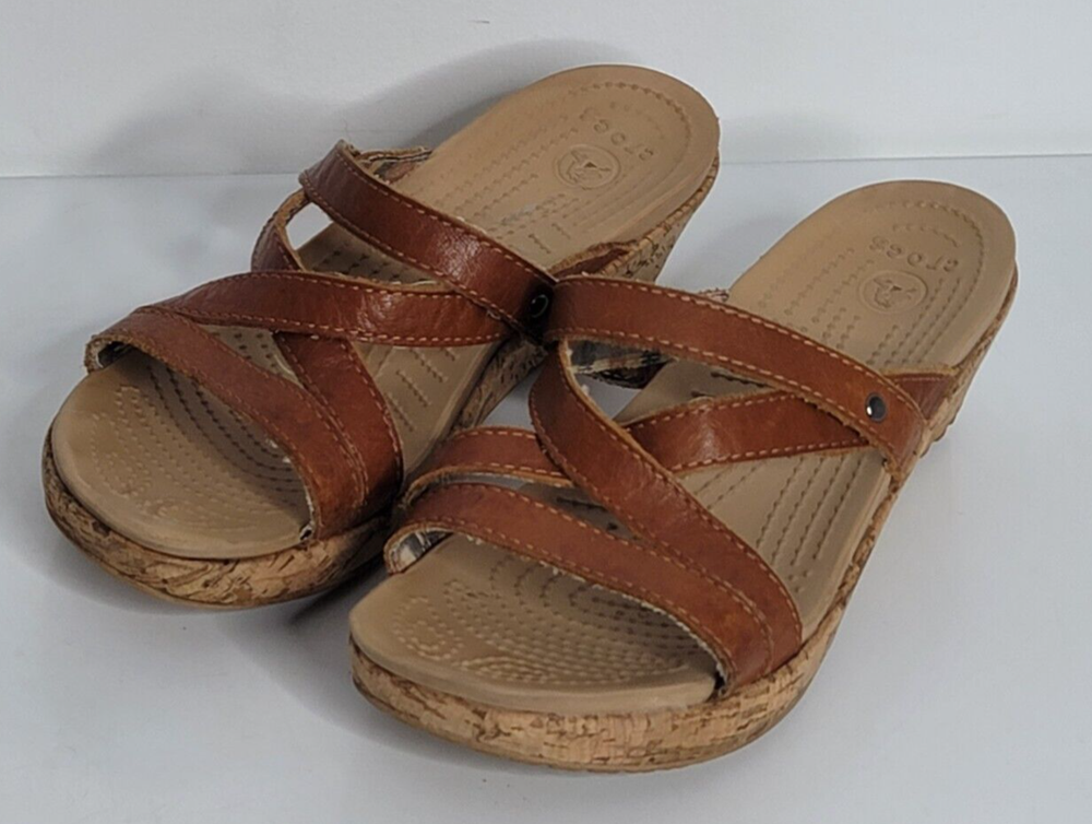 Crocs A Leigh Womens Sandals Size 8 Brown Tan Leather Wedge Strappy Open Toe Slip On