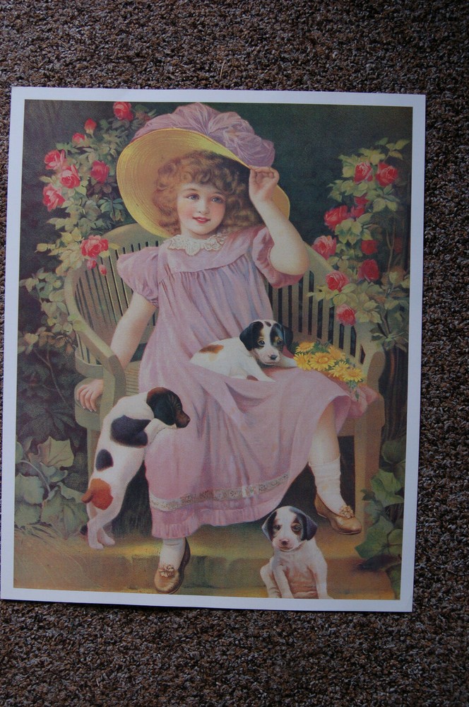 Victorian Rose Garden Print 16x20 Girl with Hat & Puppies Wall Art