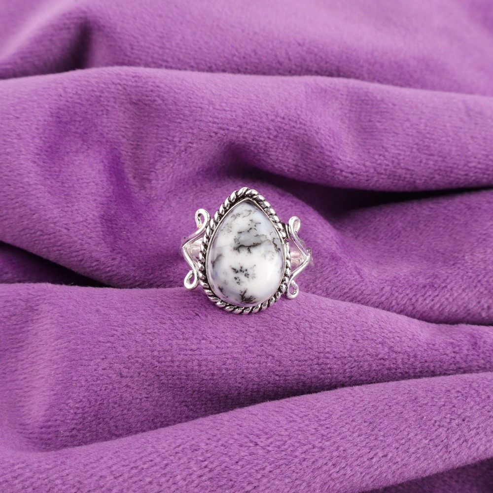 925 Silver Pear Dendrite Opal Stone Elegant Band Wife Ring Jewelry Size All Size