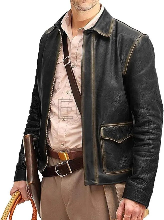 Mens Indiana Jones Harrison Ford Distressed Black Genuine Cowhide Leather Jacket