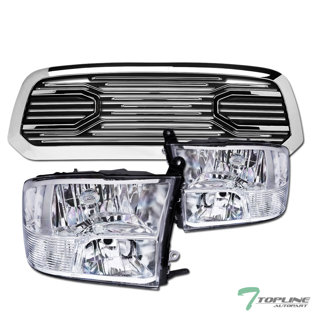 Topline For 13-18 Dodge Ram 1500 Chrome Quad Headlights nb+Big Horn Style Grille