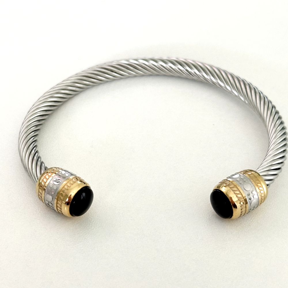Elegant Ladies Silver Gold Tone Black Onyx Cable Bracelet Adjustable Design