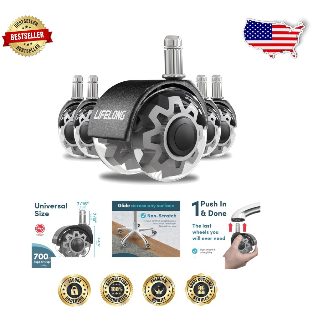 Premium Rubber Chair Casters - Safe for Hardwood and Carpet Floors, Set of 5