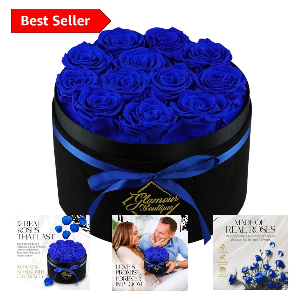 Elegant Velvet Black Gift Box with 12 Preserved Roses – Symbol of Immortal Love