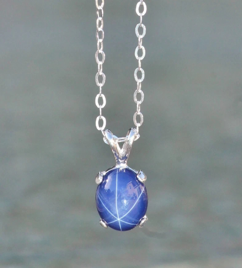 6 Ray  Blue Star Sapphire Necklace 925 Silver Pendant Birthday Gift