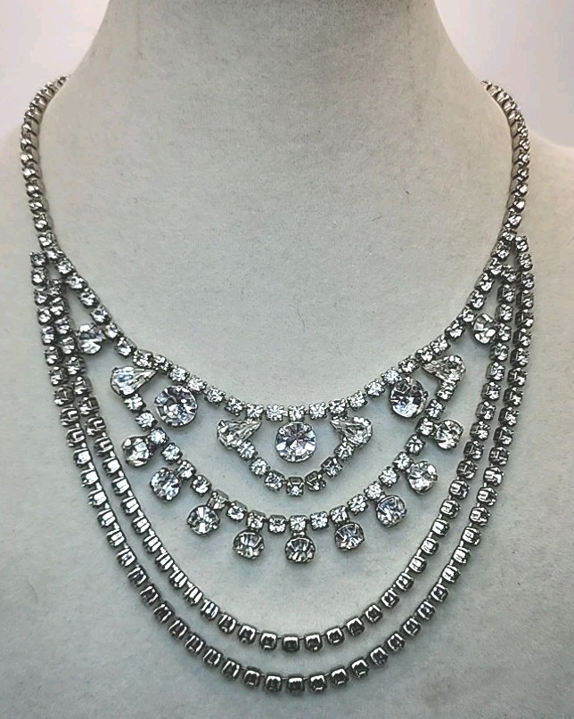 Vintage Rhinestone Multistrand Choker Statement Necklace 14