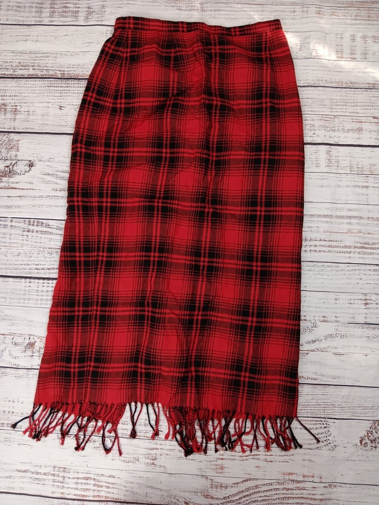 Requirement Midi Skirt Women's 10 Red Black Wool Blend  Plaid Fringe Western