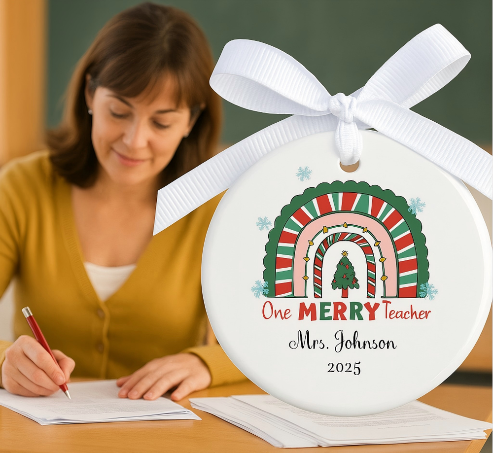 Personalized Christmas Teacher Ornament – One Merry Teacher – Name & Year Gift