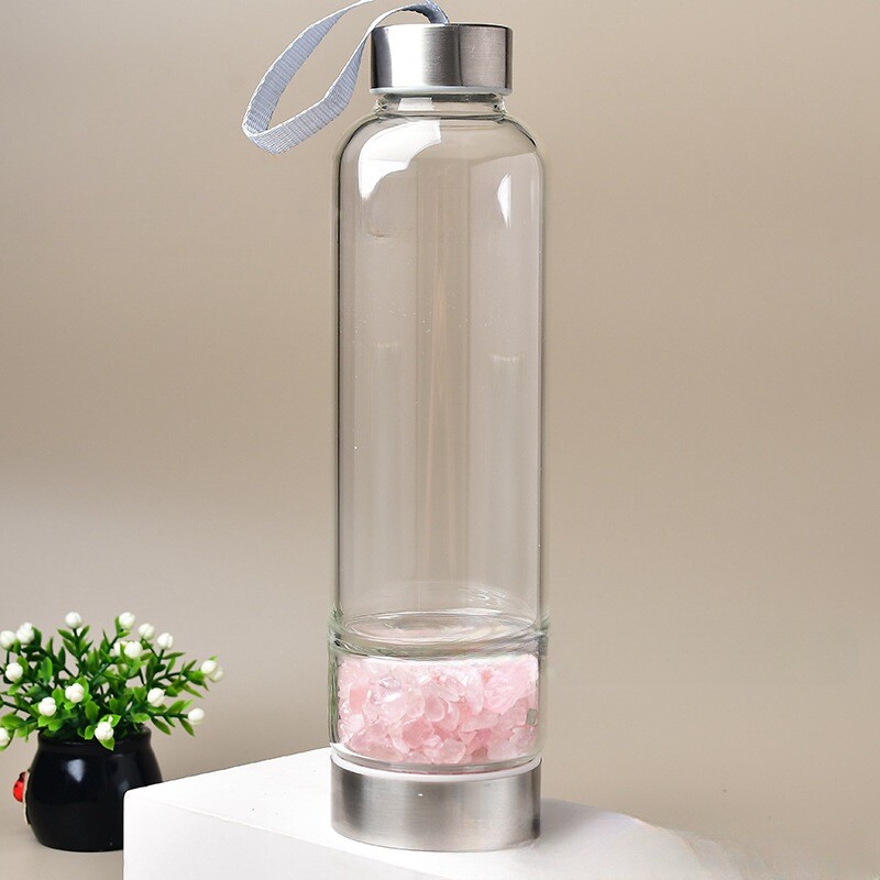Botella de agua de vidrio elixir de cuarzo rosa natural vaso de bebida de cristal curativo energético