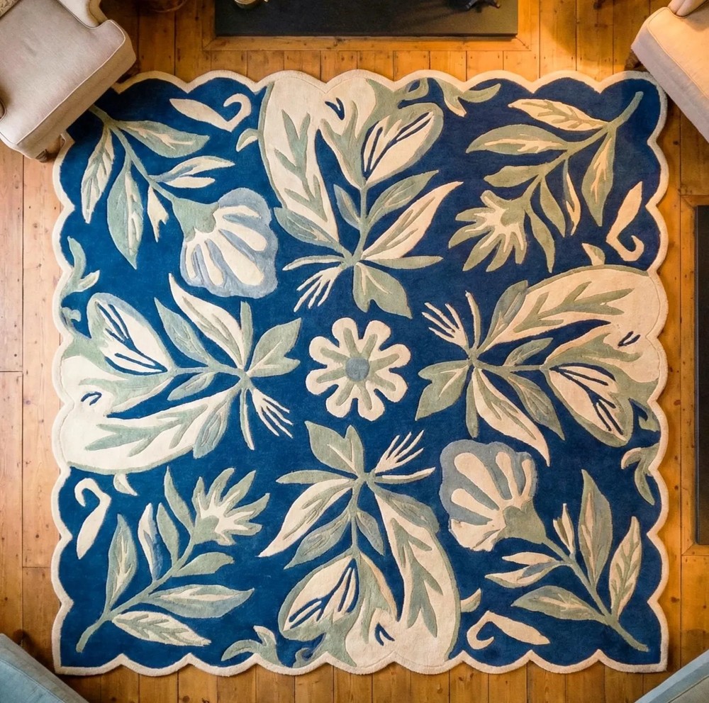 Hand Tufted Blue Floral Rug Large Living Room Carpet Modern Botanical Area Rug