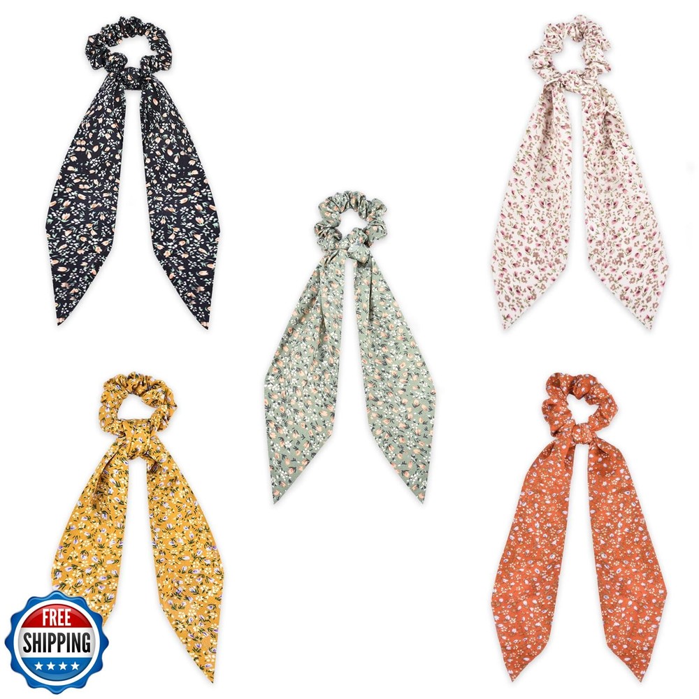 Yonchic 5-Piece Floral Bowknot Hair Ties with Chiffon Scarf