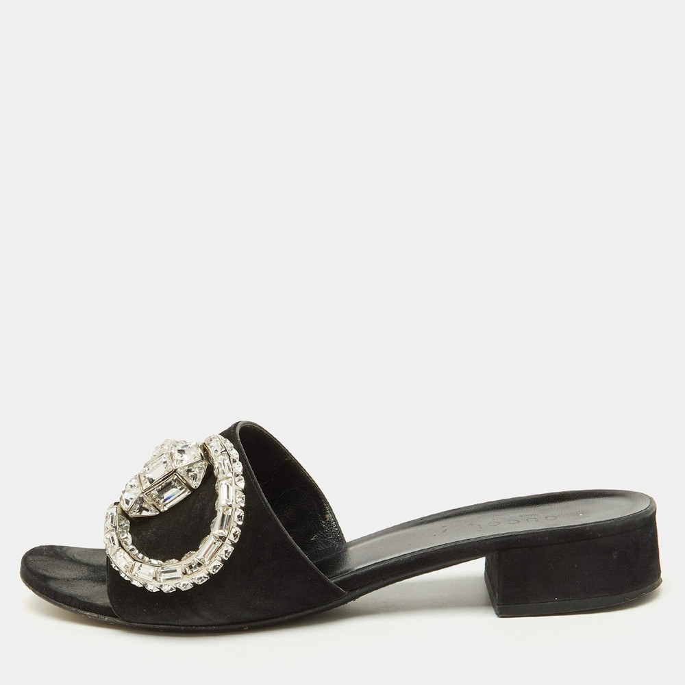 Gucci Black Suede Crystal Embellished Maxime Slide Sandals Size 39