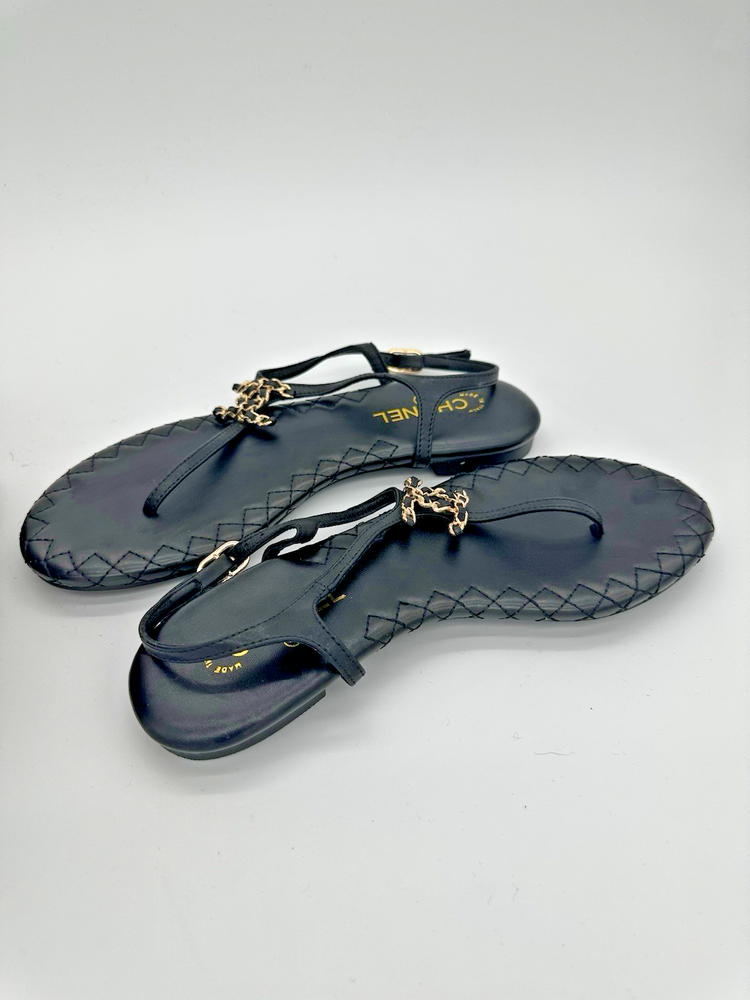 Chanel Gold CC Chain T Strap Logo Sandals Size 37