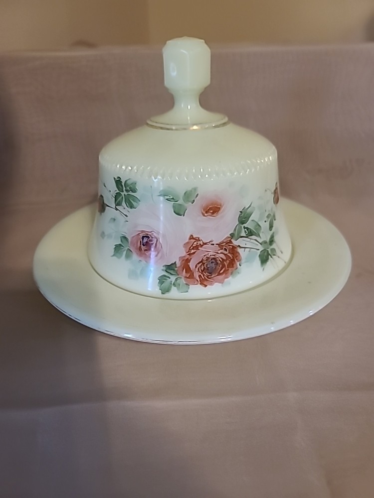Antique Red & Pink Roses Decorated Yellow Custard Glass Covered Butter Dish Set