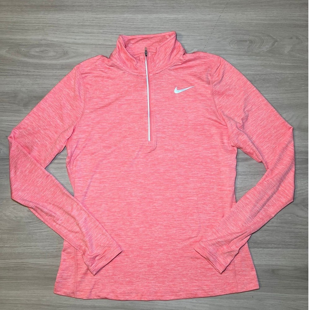 Nike Dri-FIT Running Pullover Top Coral Heathered Pink Long Sleeve Quarter Zip