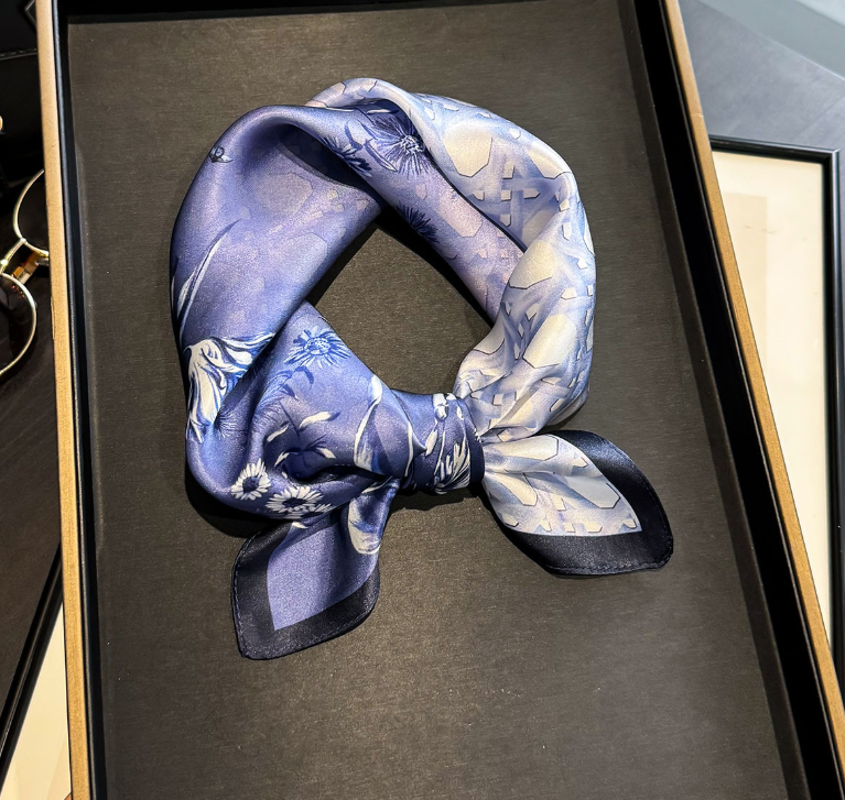 100% Silk Mulberry 53X53cm Square Purple Iris Print Scarf Women Neckerchief Wrap