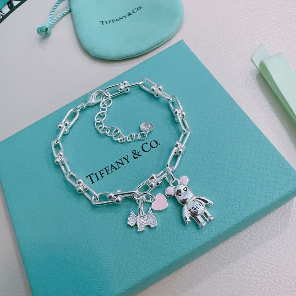 Tiffany&Co Womens Pink Heart Pendant Bracelet in Sterling Silver