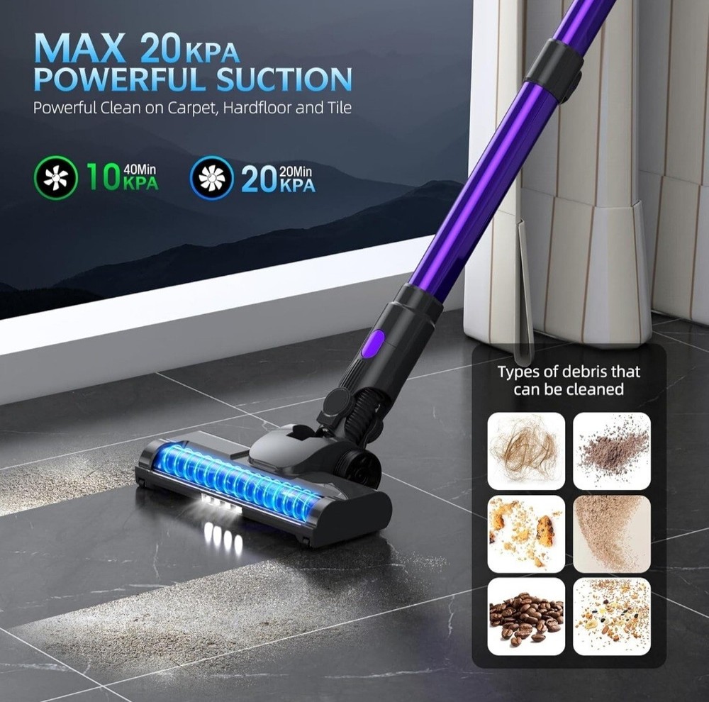 Cordless Vacuum Cleaner, 20KPA Stick Vacuum with LED Display, 2 Modes 6 in 1