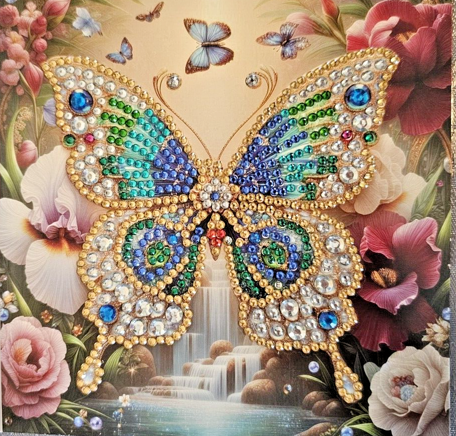Embellished Gift Card / Flower and Butterfly embellished with acrylic gems-image