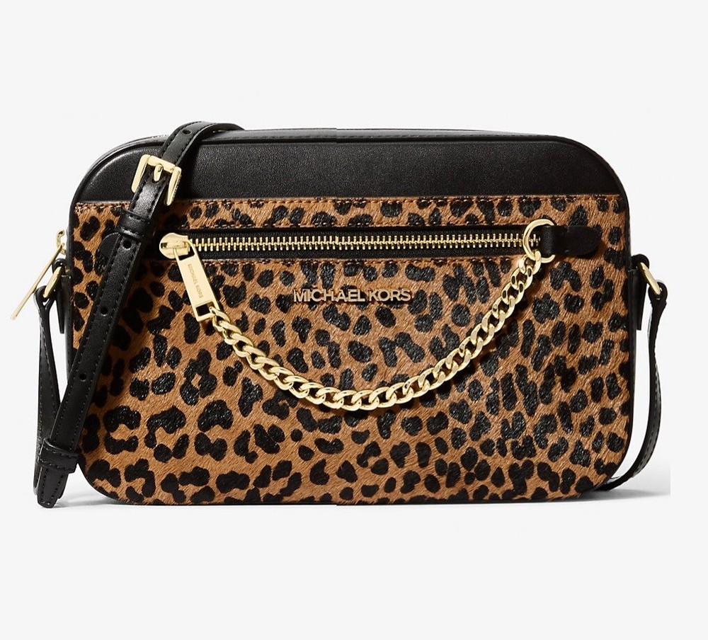NWT Michael Kors Jet Set Large Leopard-Print Calf Hair Crossbody Bag